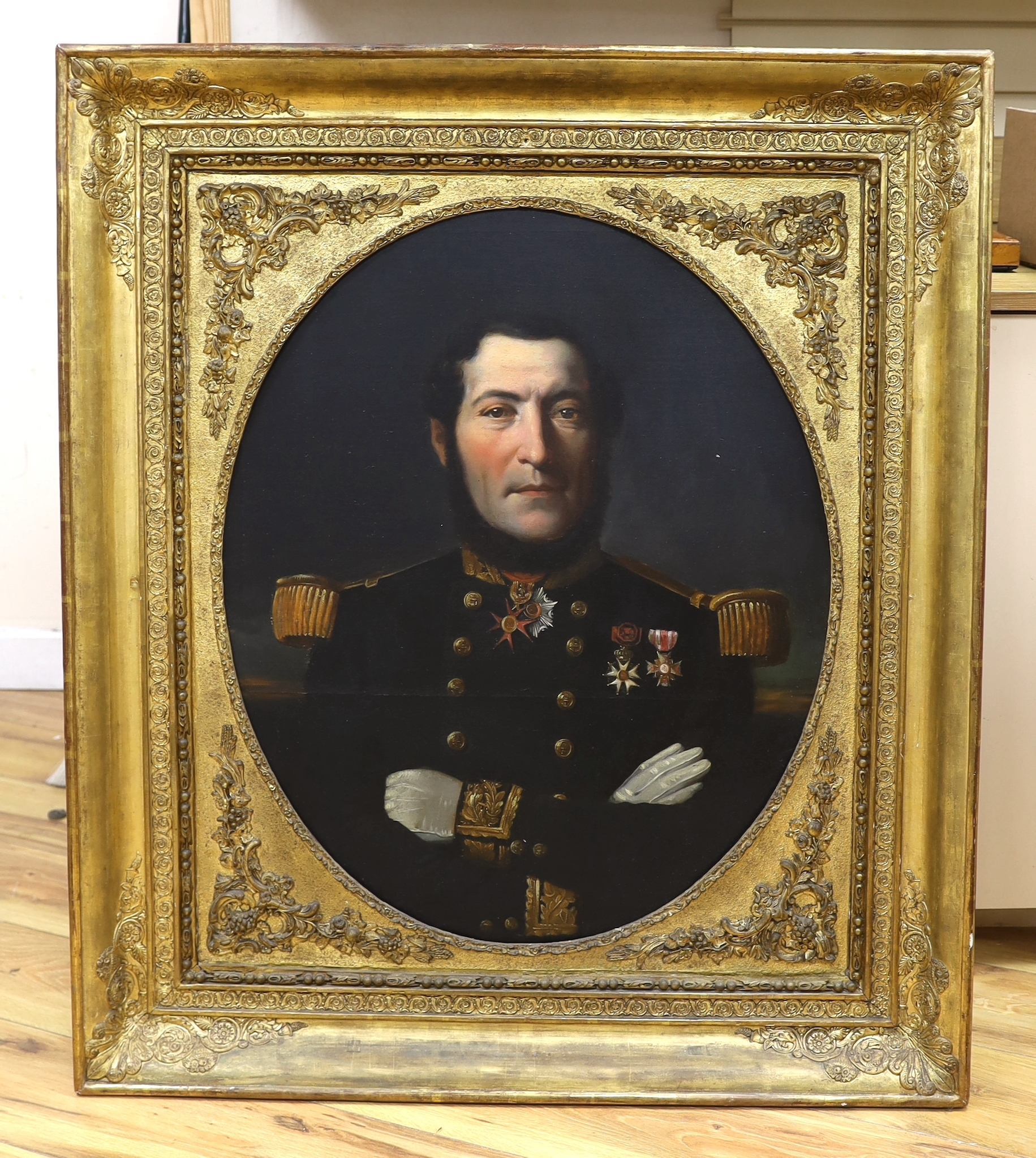 19th century French school, oil on canvas, Naval portrait of Vice Admiral Thomasett, housed in an oval ornate gilt frame, 71.5 x 58.5cm